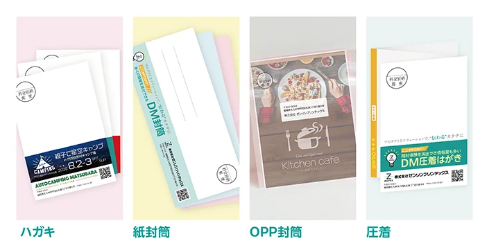 DMの種類-はがき、紙封筒、OPP封筒、圧着DMのイラスト