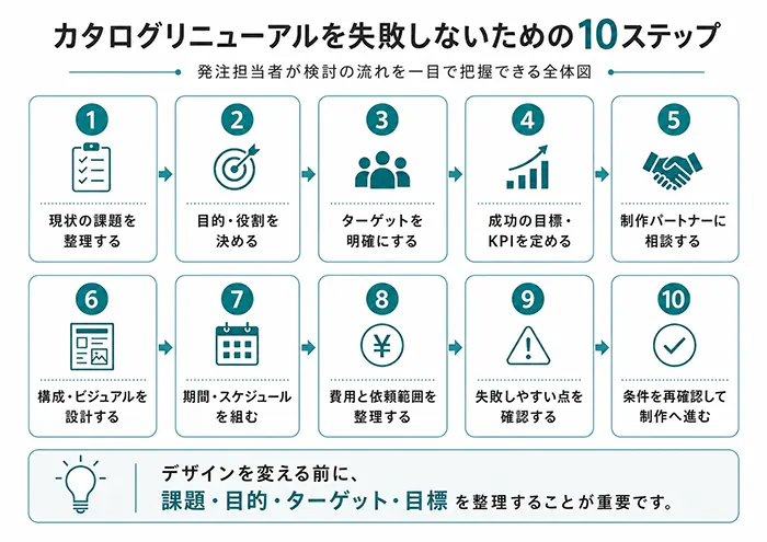カタログリニューアルを成功へ導く10ステップを示した全体図